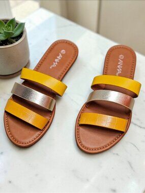 Multi-Strap Flat Sandals In Yellow & Gold Chic & Comfortable Footwear